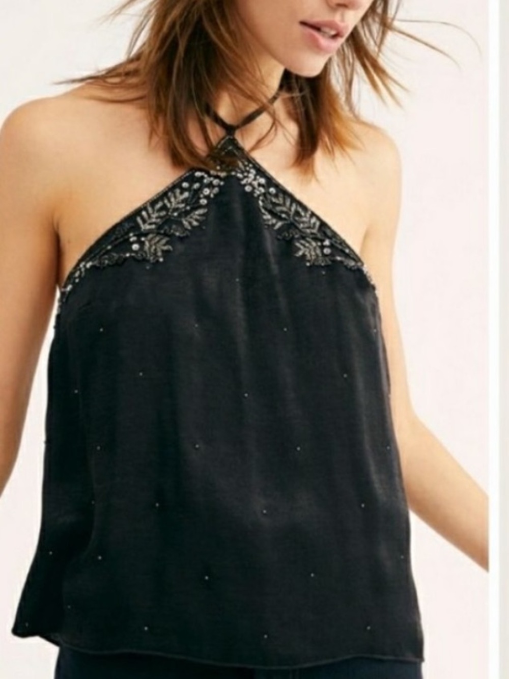 Free People Black Beaded Halter Cami